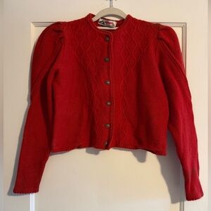 Vintage Alphorn Wool Button Puff Sleeve Cropped Cardigan Sweater Red
